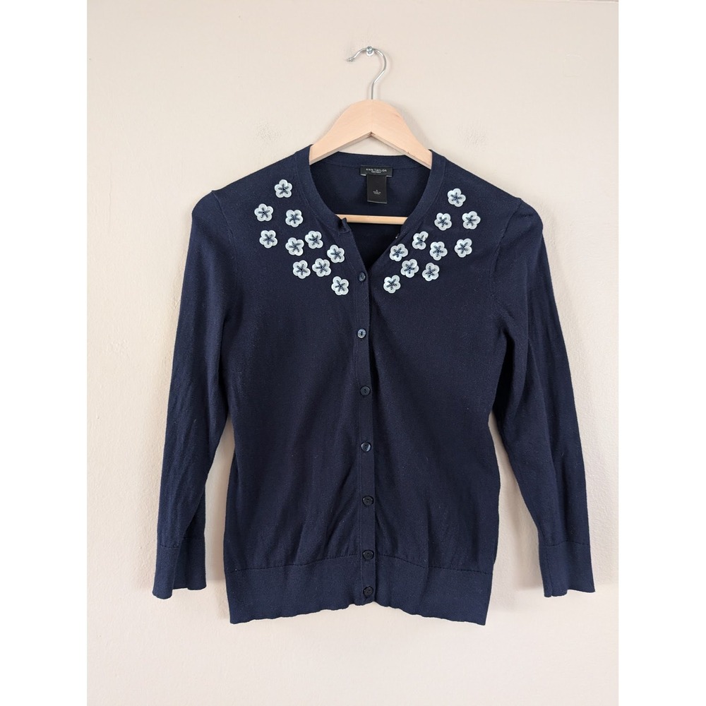 Ann Taylor Factory Womens Cardigan Sweater Small Floral Beaded Feminine Spring
